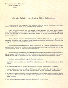 Aufruf des Zentralarchivs Albert Schweitzer zur Einsendung von Briefen Albert Schweitzers, Typo, 2 S., 1969