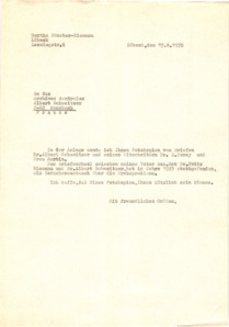 Brief der Tochter des Sanitätsrates Dr. Fritz Niemann an das Zentralarchiv Albert Schweitzer, Typo, 1 S., 1970