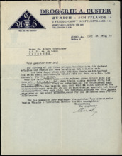 Brief des Apothekers A. Custer an Albert Schweitzer