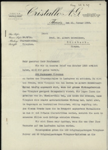 Brief der pharmazeutischen Abteilung der Cristallo A.-G. an Albert Schweitzer