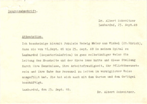 Bescheinigung/ Zeugnis v. A. Schweitzer über H. Meier Arbeit in Lambarene