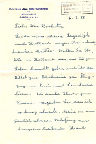 Eigenh. Brief Albert Schweitzers an T. Hoekstra, Lambaréné, 1 S.,1958