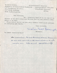 Brief (Typo) von M. Preminger (Treasurer) an die Raymond E. and Ellen F. Crane Foundation, Lambaréné, 1 S., 1956