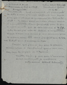 Durchschlag eines Briefes von Albert Schweitzer an Colonel P. Deniel