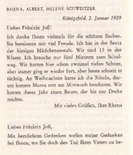Brief von Rhena, Albert und Helene Schweitzer an Anna Joss