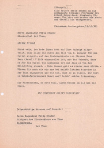 Brief von Albert Schweitzer an Fritz Studer (Unternehmer & Chordirigent)