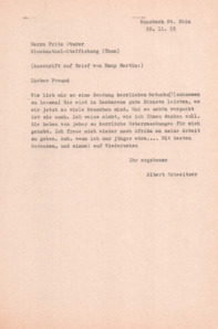 Brief von Albert Schweitzer an Fritz Studer (Unternehmer & Chordirigent)