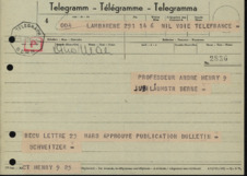 Telegramm von Albert Schweitzer an André Henry