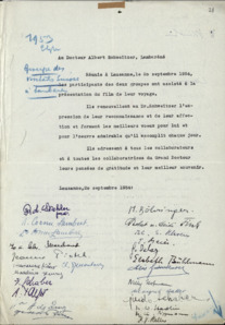 Brief von André Henry an Albert Schweitzer, mit Unterschriften einiger Teilnehmer der Lambarene-Reisegruppen