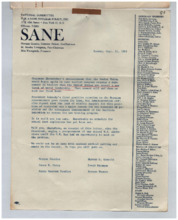 Informationsblatt SANE ACTION von Norman Cousins an Albert Schweitzer