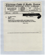Telegramm von Norman Cousins an Albert Schweitzer