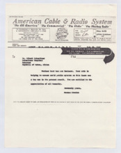 Telegramm von Norman Cousins an Albert Schweitzer