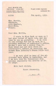 Brief von John. D. Newth an Emmy Martin