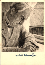 Eigenh. Unterschrift auf Abdruck eines Portraitbildes von Albert Schweitzer