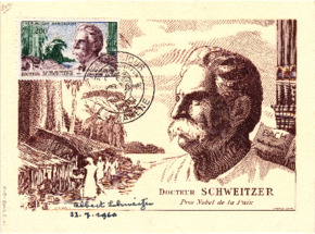 Eigenh. Unterschrift Albert Schweitzers auf einer gemalten Portraitpostkarte