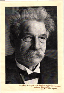 Eigenh. Widmung mit U., Portrait-Aufnahme mont. auf A4-Papier (Albert Schweitzer), Lambarene, 1953