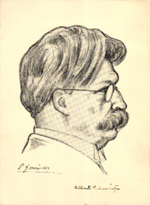 Eigenh. von Albert Schweitzer sign. Portraitzeichnung von P.Gmünder