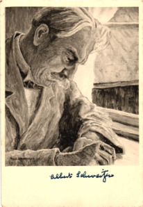 Eigenh. Unterschrift auf Abdruck eines Portraitbildes von Albert Schweitzer