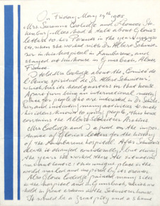 Brief von Leonor Stakenburg und Suzanna Coolidge an das Maison Albert Schweitzer