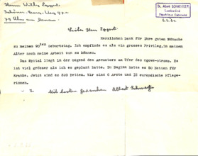 Dankesbrief zum 90. Geburtstag (Typo) mit Unterschrift Albert Schweitzers, 1 S., Lambarene, 1965