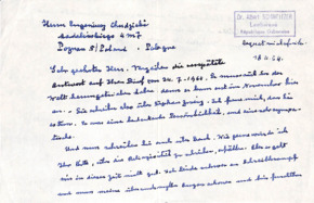 Eigenh. Brief Albert Schweitzers, 1 S., Lambarene, 1964