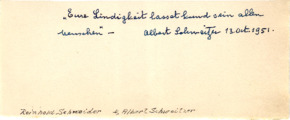 Eigenh. Widmung Albert Schweitzers mit Unterschrift, 1 S., 1951