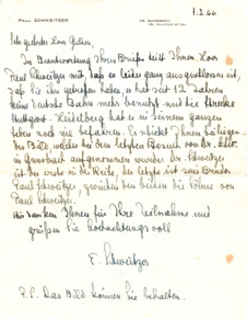 Eigenh. Brief von E. Schweitzer an Theo Gulden, 1 S., Gunsbach, 1966