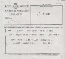 Telegramm von Albert Schweitzer an Clara Urquhart
