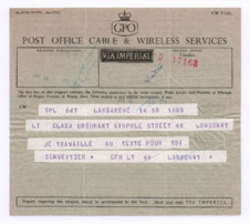 Telegramm von Albert Schweitzer an Clara Urquhart