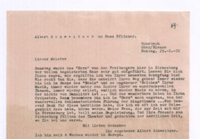 Brief v. Albert Schweitzer an Hans Pfitzner