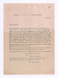 Brief v. Albert Schweitzer an Hans Pfitzner