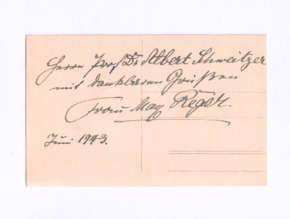 Beschriftete Postkarte von Elsa Reger an Albert Schweitzer