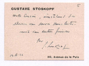 Notiz von Gustave Stoskopf an Albert Schweitzer