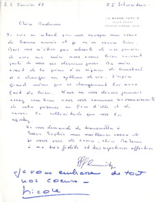 Brief v. J.J. Schweitzer u. dessen Frau Nicole Henriot-Schweitzer