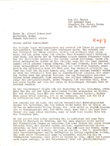 Durchschlag eines Briefes v.  Dr. T. Yilsun Rhee A. Schweitzer für E. Martin