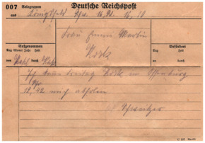 Telegramm v. Albert Schweitzer an Emmy Martin