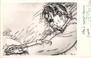 Fotopostkarte einer Albert Schweitzer-Zeichnung von Fritz Behn, mit Signatur