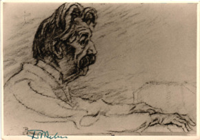 Fotopostkarte einer Albert Schweitzer-Zeichnung von Fritz Behn, mit Signatur