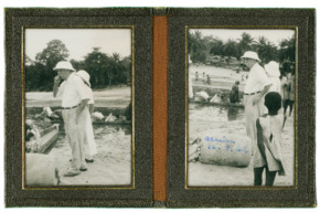 Kleine Ledermappe mit 2 Fotos von Albert Schweitzer und Notiz, Lambarene 1962