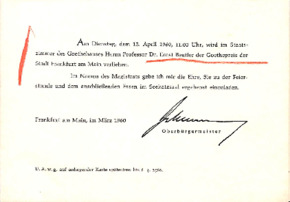 Einladung zur Goethepreisverleihung im April 1960