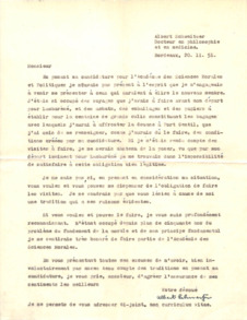 Brief von Albert Schweitzer an die Academie des Sciences Morales et Politiques