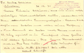 Brief von Emma Haussknecht an Berta Schleicher, mit Gruß von Albert Schweitzer