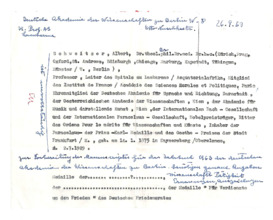 Auflistung Albert Schweitzers akademischer Titel und wissenschaftlicher Tätigkeiten für das Jahrbuch 1963 der Deutschen Akademie der Wisschenschaften (Berlin)