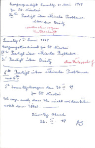 Handschriftliche Auflistung einiger Predigten von Albert Schweitzer