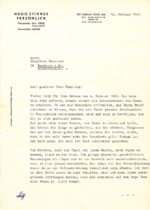 Brief von Hugo Hermann Stinnes (Jr.) an Siegfried Neukirch