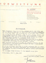 Arbeitszeugnis vom Südwestfunk für Siegfried Neukirch