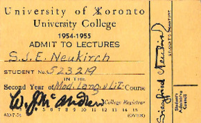 Collegeausweis für zweites Jahr in Modern Language and Literature University of Toronto 1954/55 für Siegfried Neukirch