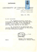 Arbeitszeugnis für die Arbeit im University of Toronto Press, The Bookstore für Siegfried Neukirch
