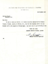 Verdienstbescheinigung Aluminium Company of Canada für Siegfried Neukirch