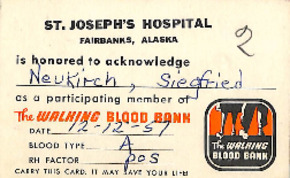 Mitgliedsausweis The Walking Blood Bank aus Fairbanks, Alaska für Siegfried Neukirch
